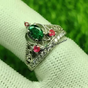 Crown Shape | Emerald And Ruby Silver Engagement & Wedding Ring For Women