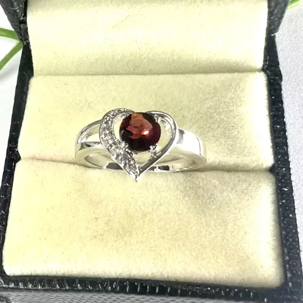 Stunning Heart-Shaped Garnet & Silver Ring with Diamond Accents | Sterling Silver Garnet Engagement Stones Ring