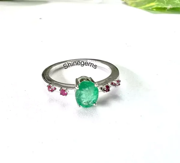 Natural Emerald With Ruby Engagement Ring | 925 Sterling Silver Solitaire Ring For Women