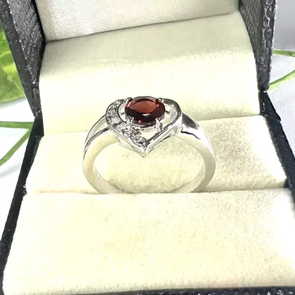 Stunning Heart-Shaped Garnet & Silver Ring with Diamond Accents | Sterling Silver Garnet Engagement Stones Ring